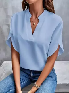 Top de mangas com decote em v sem ombro feminino, camisa preta, blusa de chiffon, elegante, escritório, cor sólida, verão, novo, moda, Y2K - Wolf Magazine