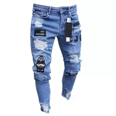 Calças jeans skinny rasgadas elásticas masculinas, bordado branco, algodão, hip hop, buraco negro, slim fit, calças jeans grandes, alta qualidade