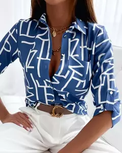 Camisa de manga comprida feminina estampada, blusa casual, polo floral, top de primavera e outono, nova moda, escritório, 2024 - comprar online