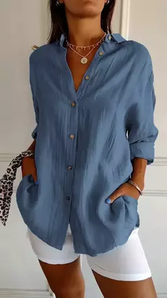 Camisa casual de algodão de linho, top de lapela, gola V, solta, monocromática, escritório, retrô, verão, moda, 2024