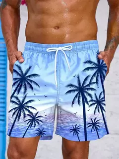 Calções gráficos de palma estampados em 3D masculino, calção de gelo solto, planta vintage, verão, calção de natação respirável havaiano na internet