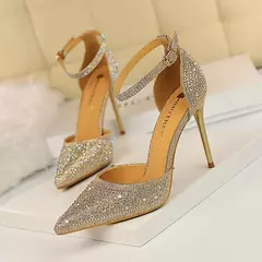 Mulheres Sexy 10cm Sandálias De Salto Alto Do Casamento Glitter Saltos De Noiva Champanhe Bombas De Ouro Fetiche Stiletto Crystal Glitter Strap Shoes - comprar online