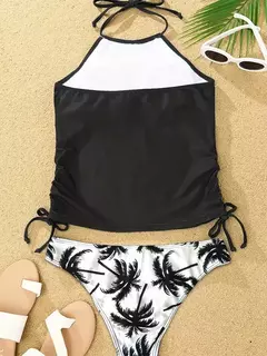 Conjunto de tankini amarrado monocromático feminino, maiô halter, maiô sexy, maiô de praia sem costas, biquíni verão, 2024 - loja online