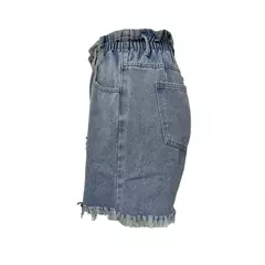 Cintura alta elástica feminina Shorts jeans com dois botões com buracos quebrados, vestido metade do corpo, calça feminina de borla, mini jeans para pernas, emenda, 2024 na internet