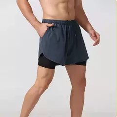 Imagem do Calção de corrida de camada dupla de secagem rápida masculina, fitness, preto, esporte, treino, musculação, calça curta, novo