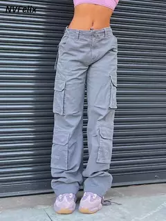 Calça jeans larga de cintura alta feminina, calça cargo cinza, calça larga, moda casual, bolsos múltiplos, estilo de rua Hip Hop, mãe, vintage, verão