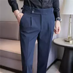 Estilo britânico dos homens de cintura alta vestido casual calça masculina cinto design calças finas formal escritório social vestido de festa de casamento terno calças - loja online