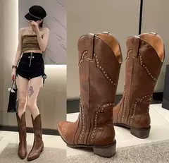 Botas góticas cravejadas para mulheres, joelho alto, couro curto, salto baixo, vaqueiro ocidental, designer de luxo, sapatos de rock novos, vintage, ocidental, 2024 - loja online