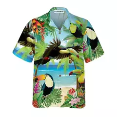 Camisas estampadas em 3D papagaio masculinas, camisas havaianas de praia, manga curta, moda casual, lapela de carreira na internet