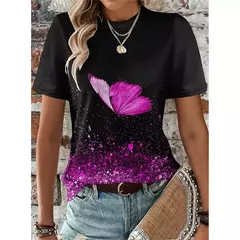 Camiseta colorida com padrão de borboleta feminina, camisetas estampadas com flores 3D, camiseta solta na moda, manga curta, tops redondos com pescoço, vívido