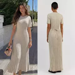 Vestido longo de malha monocromática feminino, manga curta, vestido feminino plissado, gola em O, quadril, primavera, moda verão, feminino, 2022 na internet