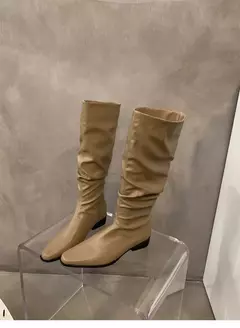 Botas altas para o joelho feminino, sapatos femininos, dobras deslizantes, salto baixo, dedo do pé redondo, plano, longo, moda, outono, inverno - loja online