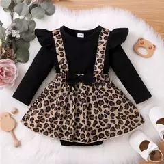 Vestido de bebê recém-nascido com arco, manga comprida, vestidos leopardo, roupas Onesie, moda infantil, macacão bonito, 0-18Months, outono