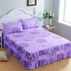 Conjunto de Colcha de Algodão com Bordado, Saia de Cama, Fronhas, Capa de Folha, Rei, Rainha, Duplo, 1.5 m, 1.8 m, 2m, 3 Peças por Conjunto - loja online