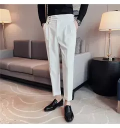 Imagem do Calça formal de botão de cintura alta estilo britânico masculina, terno casual empresarial, calça de escritório, monocromática, alta qualidade, nova, primavera