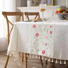 Imagem do Toalha de linho de algodão vintage com padrão floral, toalha de mesa com borla, tampa lavável para jantar, piquenique