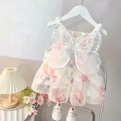 Vestido de princesa rosa para meninas de 0 a 3 anos, vestido de verão com arco e asas para festa de aniversário