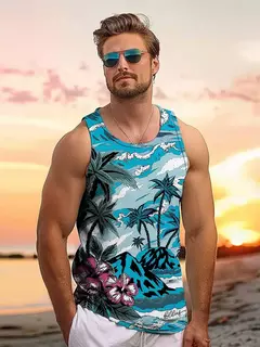 Imagem do Tops soltos estilo havaiano masculino, colete de férias lazer, viagem ao ar livre, confortável, casual, estampa do sol