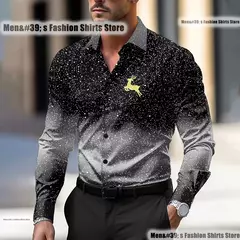 Natal masculino veados impressão camisa casual botões de água de manga comprida festa de ano novo impressão 3d XS-6XL - Wolf Magazine