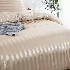 Satin Striped Duvet Cover, sedoso como edredão, conjunto de cama de luxo, completo, rainha, rei, solteiro, duplo tamanho, marfim White Stripe - loja online