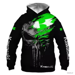 Capuz de manga comprida masculino, capuz de ciclismo Kawasaki motocicleta esportiva, camisa casual adulto entusiasta de motocicletas, 3D