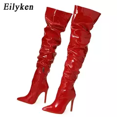 Eilyken-Patent Leather Apontado Toe Salto Alto para Mulheres, Botas Vermelhas Sobre o Joelho, Sapatos de Zíper Lateral, Stiletto Sólido, Calçado Feminino