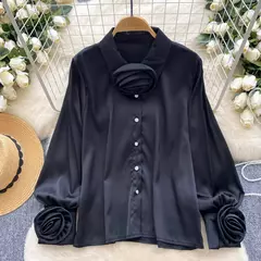 Elegante cetim tridimensional flor manga longa lapela blusa chique vintage moda colheita topo feminino camisas de outono roupas na internet