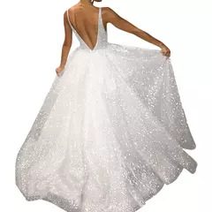 Vestidos de casamento elegantes Bohemia para mulheres, decote em v, vestidos de noiva sem mangas, brilhante, linha A, vestido de noiva, vestido maxi, decotado, feminino, 2024 - loja online