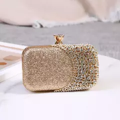 Bolsa de strass dourado oco para mulheres, bolsa de diamante, corrente de cristal, festa de casamento, mini bolsa, dia, glitter na internet