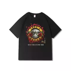 Camiseta estampada com armas de rock e rosas masculina, algodão puro, gola redonda, manga curta, parte superior - loja online