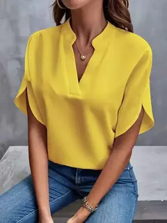 Top de mangas com decote em v sem ombro feminino, camisa preta, blusa de chiffon, elegante, escritório, cor sólida, verão, novo, moda, Y2K - loja online