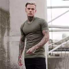 Camiseta de manga curta para musculação masculina, camiseta esportiva, roupa de algodão, gola V, respirável, ginástica, fitness, treino, verão