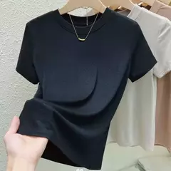 Camiseta de manga curta de gola redonda feminina, blusa casual, camiseta monocromática, plus size, roupas sexy e finas, moda verão - comprar online