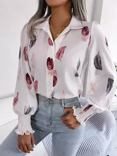 Mulheres Casual Pena Imprimir Collar Manga Longa Camisa Branco Rosa Azul