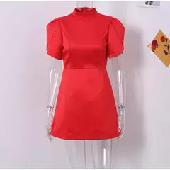 Mini vestido de nó de costas vermelho feminino, elegante com decote em O, manga curta, vestidos A, vestido feminino, nova moda, 2024 - loja online