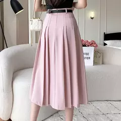 Saia plissada midi de cintura alta feminina, terno casual linha A, elegante saia de guarda-chuva vintage, moda feminina, primavera, verão, nova