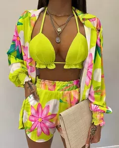 Fato de banho feminino de três peças, moda praia sexy, biquíni de cintura alta, maiô estampado, shorts para cobrir, moda praia de verão, novo 2024 - Wolf Magazine