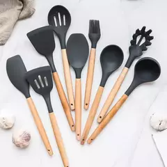 Conjunto De Panelas De Silicone Antiaderente, Utensílios De Cozinha, Espátula, Pá, Batedores De Ovo, Cabo De Madeira, Ferramenta De Cozinha, Utensílios De Cozinha, 12Pcs na internet