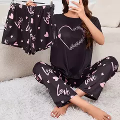 Imagem do Conjunto de pijama de manga curta feminina, top gola redonda, shorts e calças, lounge wear, roupa de dormir, casual, estampado, 3 peças