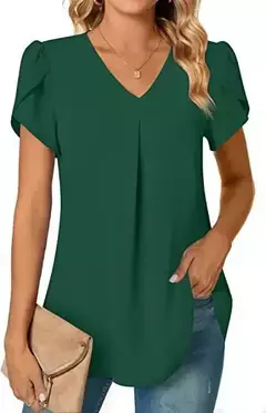 Imagem do Blusa sexy com plissado e v pescoço para as mulheres, camisa de manga curta, cor sólida, solto, roupas de trabalho, verão, sze-st23015