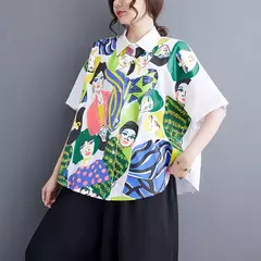 Imagem do Estilo coreano blusa de manga curta para as mulheres, camisa estampada preta, ajuste solto, casual, tamanho grande, verão, jxs097