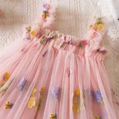 Vestido de malha bordado feminino, Alça de fada, Asas de arco traseiro, Princesa, Aniversário, Doces Bebés, Verão