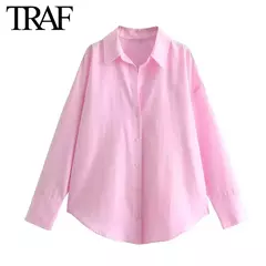 TRAF-Blusa Oxford de Algodão Single-Breasted Feminina, Camisa Manga Longa, Tops Chiques, Lapela, Roupa de Rua, Senhoras, Moda - Wolf Magazine