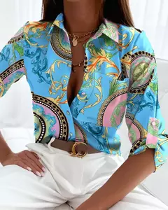 Camisa de manga comprida feminina estampada, blusa casual, polo floral, top de primavera e outono, nova moda, escritório, 2024 na internet