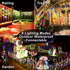 Outdoor LED Solar Light String para decoração de Natal, fada cortina, paisagem luzes, festa de jardim, 8 modos