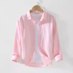 Imagem do Camisa de linho de algodão respirável masculina, gola virada para baixo, manga comprida, monocromática, havaiana, casual, nova, outono