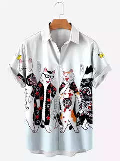 Imagem do Camisa havaiana dos desenhos animados de anime masculino, Tops de manga curta, roupas casuais masculinas, rua, animais, gatos, retrô, 3D Tees, verão