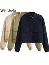 Willshela-Jaquetas bomber monocromáticas femininas, casaco com bolsos, decote em v, peito único, mangas compridas, roupas chiques para senhora, moda feminina