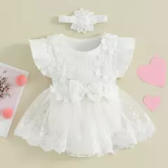 Recém-nascido Lace Patchwork Ruffle Macacões, Macacão Vestido, Mesh Baby Girl Roupas, Sunsuit Roupas, 2Pc Roupas