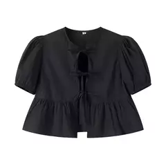 TRAF-Blusa de manga folhada folhada para mulheres, top branco, preto, ruched, laço amarrado, verão, tops bonitos, fêmea, 2021 - comprar online